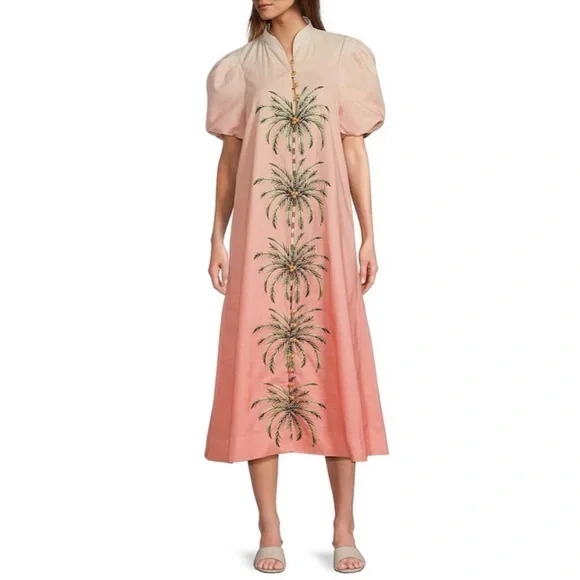 Mestiza New York Elliana linen blend ombre embroidered palm tree midi dress - Picture 2 of 10